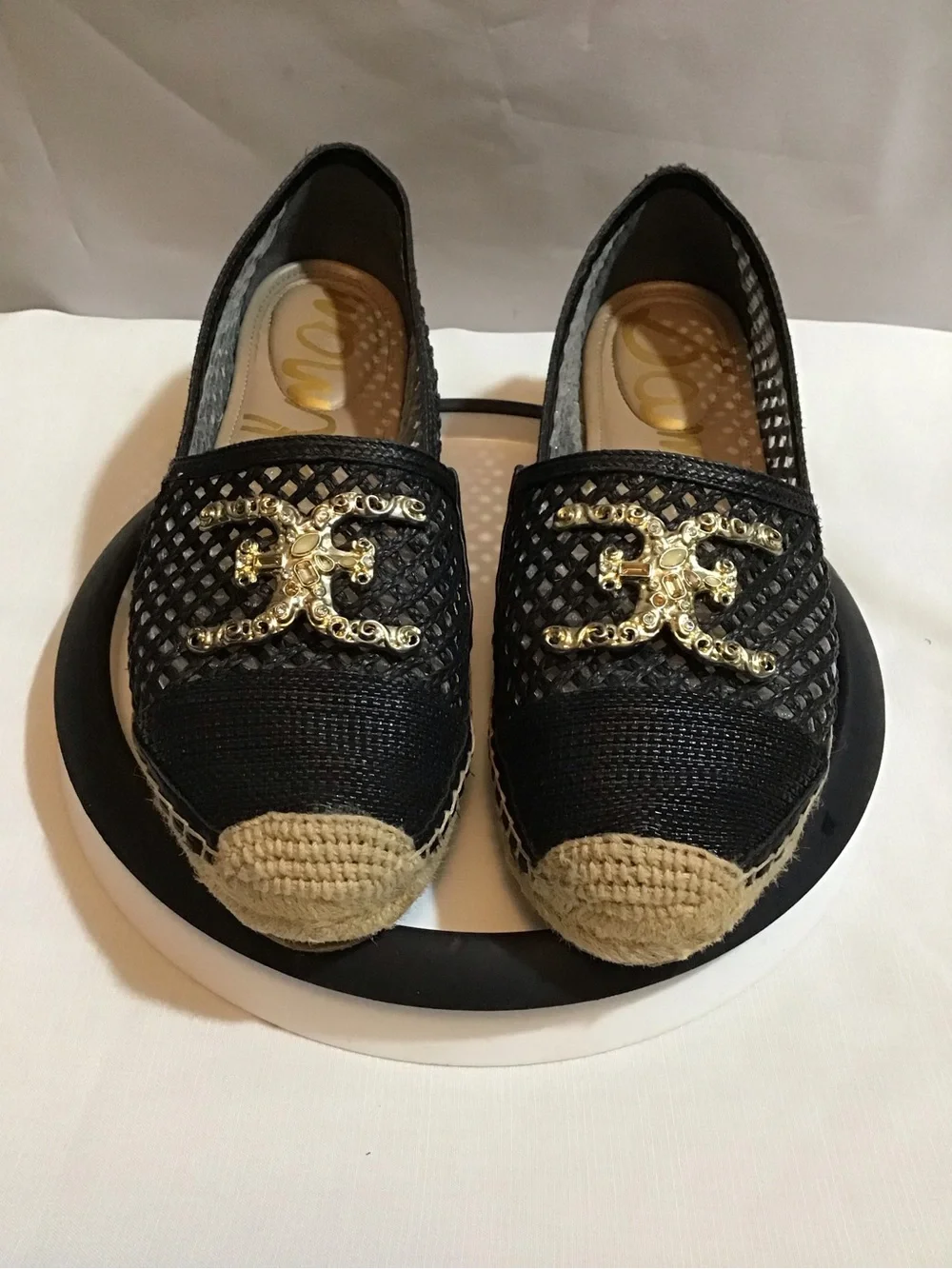 351 Sam Edelman Black Espadrille Slip-Ons with Gold Emblem